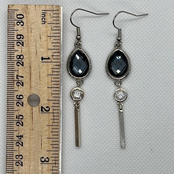 Long Formal Blue and Silver Tone Drop Dangle Hook Earrings - Picture 3 of 4